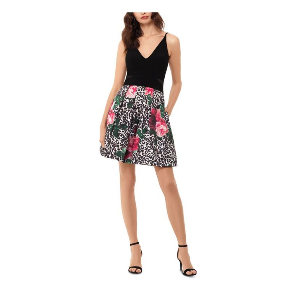 XSCAPE Womens Black Spaghetti Strap Short Fit + Flare Cocktail Dress 2